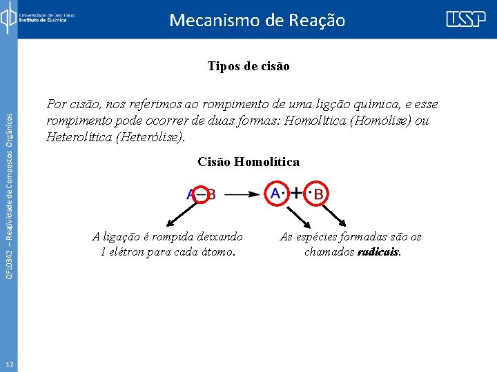 Mecanismo de Reação QFL 0342 – Reatividade de Compostos Orgânicos Tipos de cisão 12