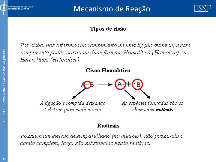 Mecanismo de Reação QFL 0342 – Reatividade de Compostos Orgânicos Tipos de cisão Por