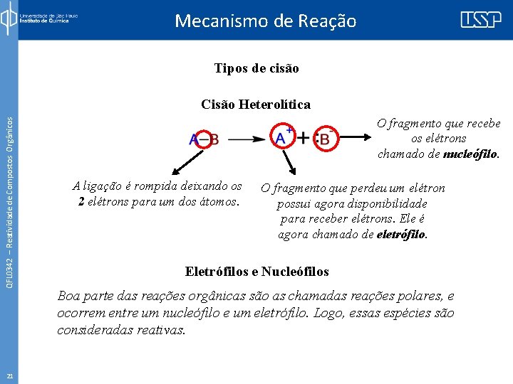 Mecanismo de Reação Tipos de cisão QFL 0342 – Reatividade de Compostos Orgânicos Cisão