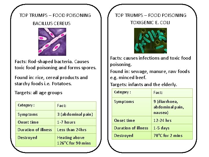 TOP TRUMPS – FOOD POISONING BACILLUS CEREUS Facts: Rod-shaped bacteria. Causes toxic food poisoning