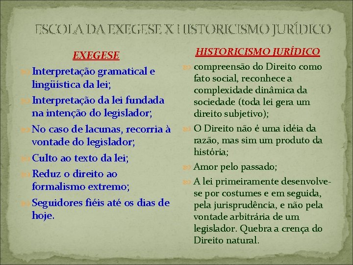 ESCOLA DA EXEGESE X HISTORICISMO JURÍDICO EXEGESE Interpretação gramatical e lingüística da lei; Interpretação