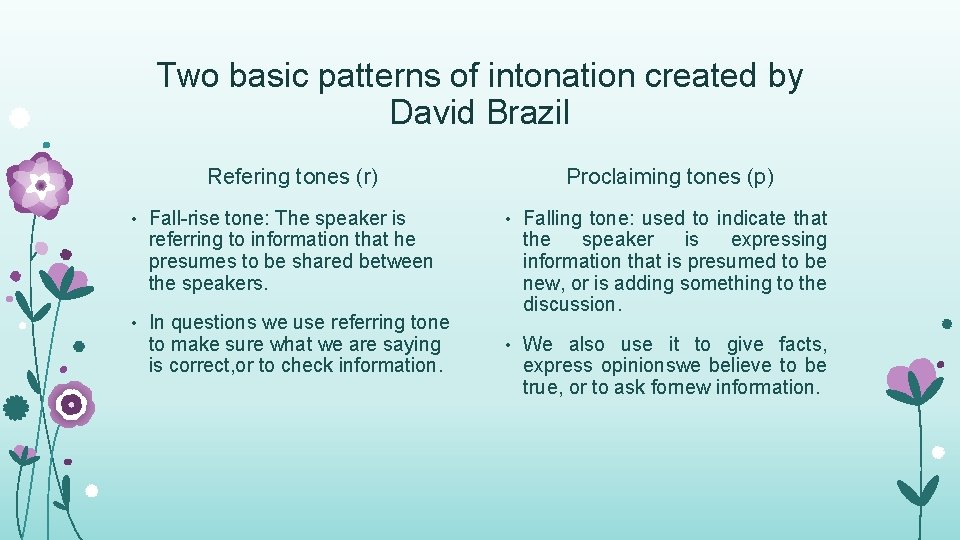 Two basic patterns of intonation created by David Brazil Refering tones (r) • Fall-rise