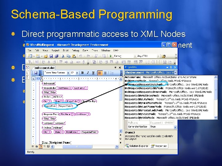 Schema-Based Programming Direct programmatic access to XML Nodes Field instances created for each schema