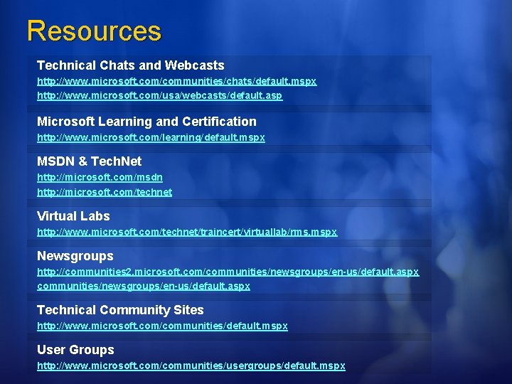 Resources Technical Chats and Webcasts http: //www. microsoft. com/communities/chats/default. mspx http: //www. microsoft. com/usa/webcasts/default.