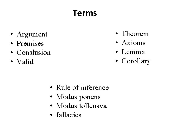 Terms • • Argument Premises Conslusion Valid • • Rule of inference Modus ponens