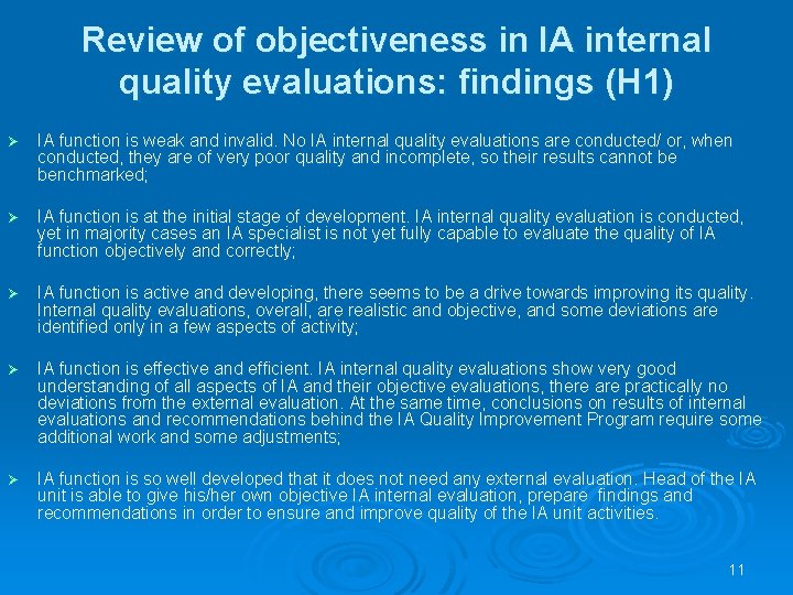 Review of objectiveness in IA internal quality evaluations: findings (Н 1) Ø IA function