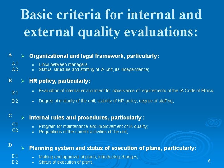 Basic criteria for internal and external quality evaluations: А Ø А 1 А 2