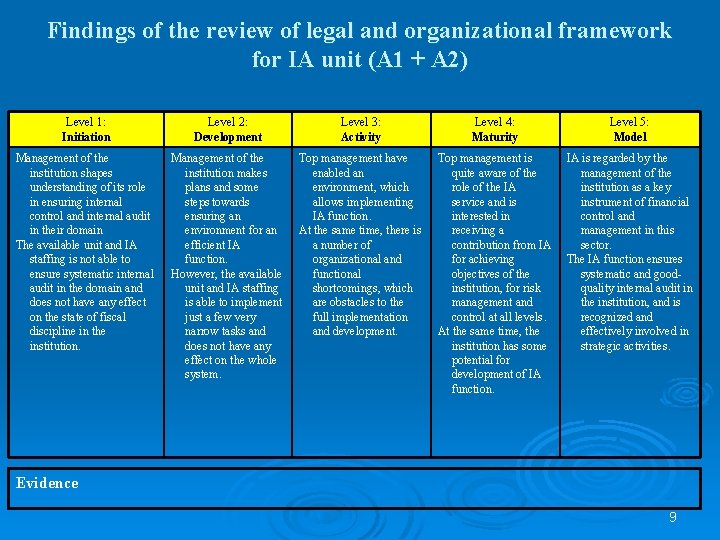 Findings of the review of legal and organizational framework for IA unit (А 1