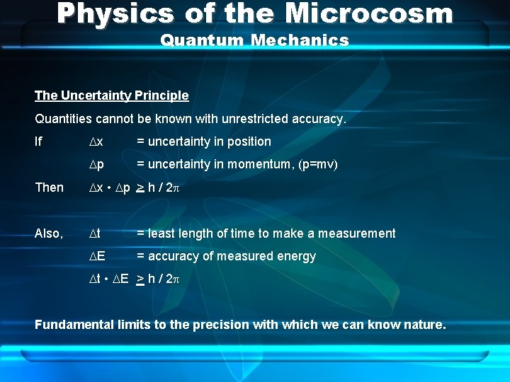 Physics of the Microcosm Quantum Mechanics The Uncertainty Principle Quantities cannot be known with Physics of the Microcosm Quantum Mechanics The Uncertainty Principle Quantities cannot be known with