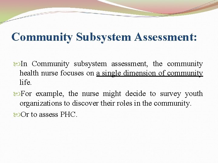 Community Subsystem Assessment: In Community subsystem assessment, the community health nurse focuses on a