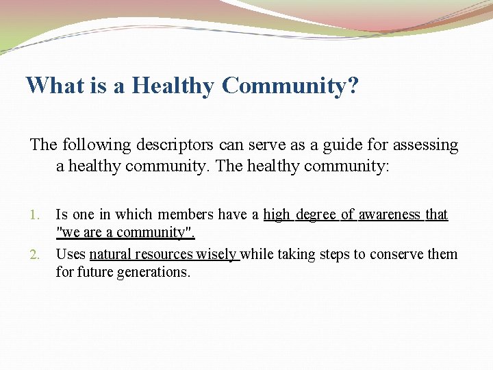 What is a Healthy Community? The following descriptors can serve as a guide for