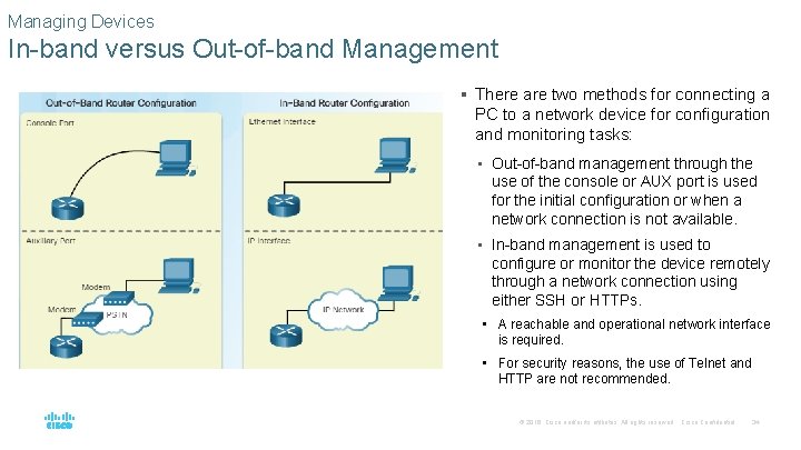 Managing Devices In-band versus Out-of-band Management § There are two methods for connecting a