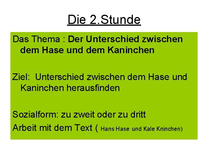 Die 2. Stunde Das Thema : Der Unterschied zwischen dem Hase und dem Kaninchen