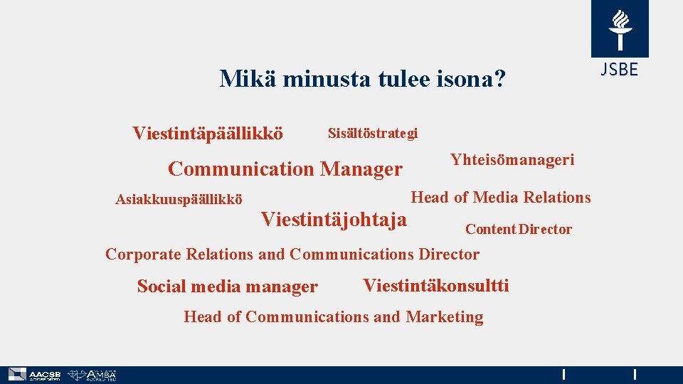 Mikä minusta tulee isona? Viestintäpäällikkö Sisältöstrategi Communication Manager Asiakkuuspäällikkö Yhteisömanageri Head of Media Relations