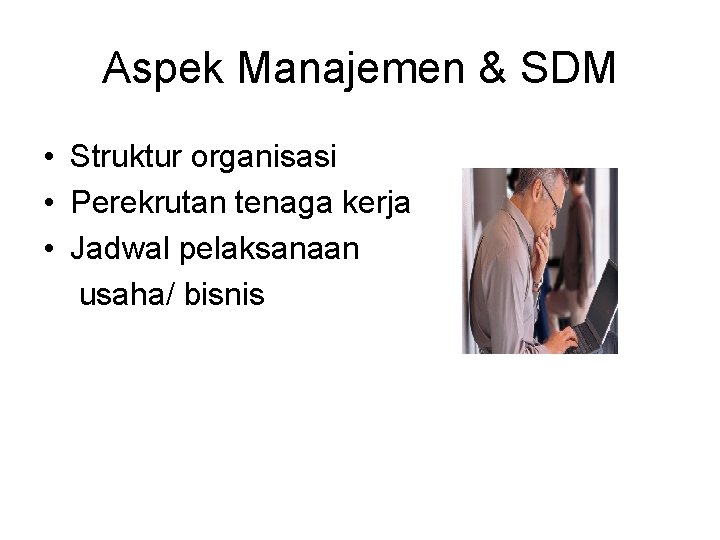 Aspek Manajemen & SDM • Struktur organisasi • Perekrutan tenaga kerja • Jadwal pelaksanaan