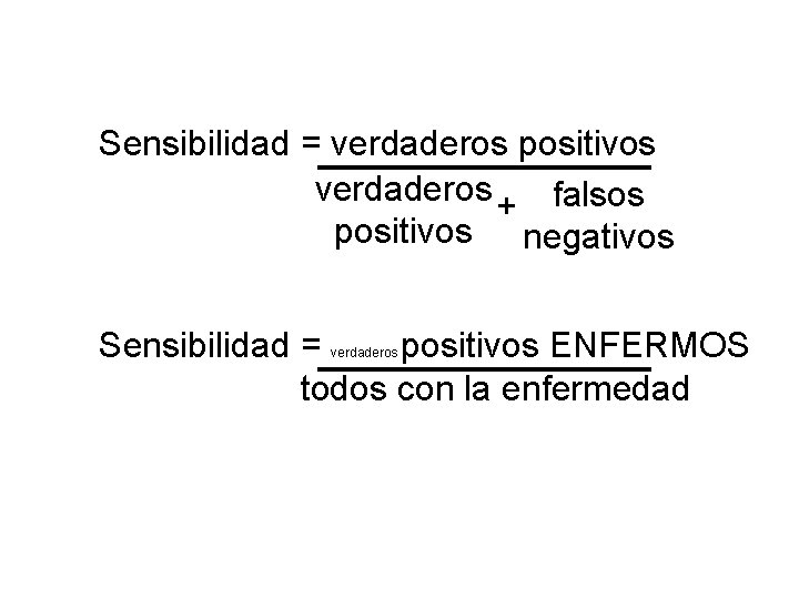 Sensibilidad = verdaderos positivos verdaderos + falsos positivos negativos Sensibilidad = positivos ENFERMOS todos