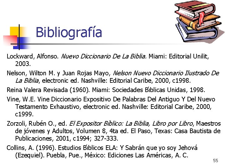 Bibliografía Lockward, Alfonso. Nuevo Diccionario De La Biblia. Miami: Editorial Unilit, 2003. Nelson, Wilton Bibliografía Lockward, Alfonso. Nuevo Diccionario De La Biblia. Miami: Editorial Unilit, 2003. Nelson, Wilton