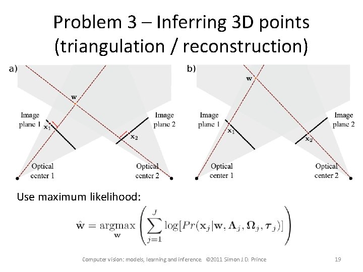 Problem 3 – Inferring 3 D points (triangulation / reconstruction) Use maximum likelihood: Computer Problem 3 – Inferring 3 D points (triangulation / reconstruction) Use maximum likelihood: Computer
