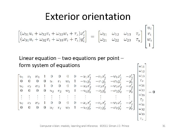 Exterior orientation Linear equation – two equations per point – form system of equations Exterior orientation Linear equation – two equations per point – form system of equations
