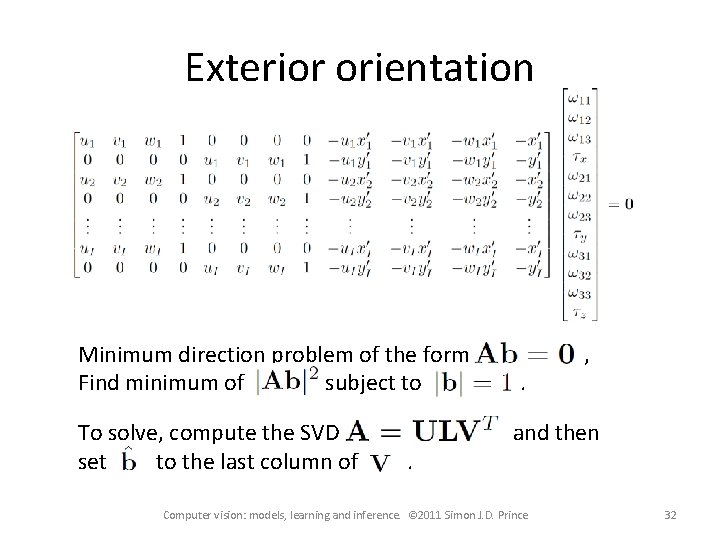 Exterior orientation Minimum direction problem of the form Find minimum of subject to To Exterior orientation Minimum direction problem of the form Find minimum of subject to To