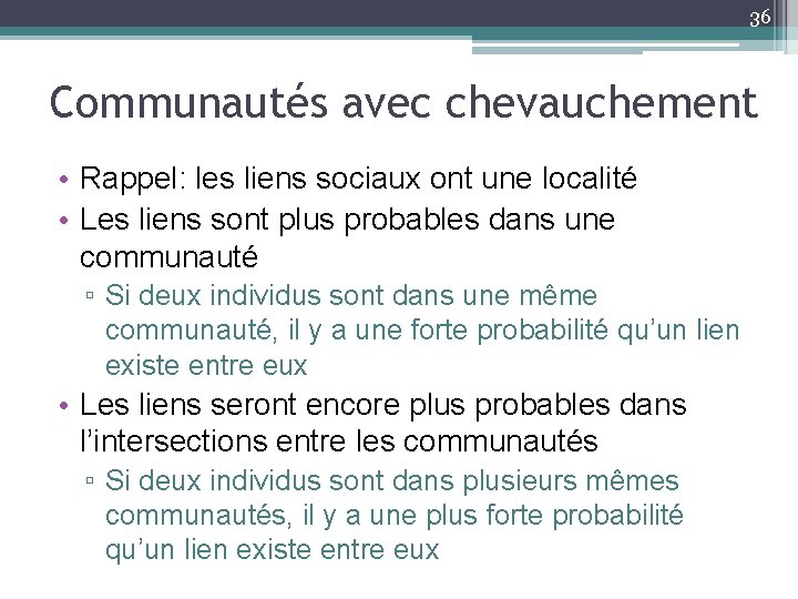 36 Communautés avec chevauchement • Rappel: les liens sociaux ont une localité • Les