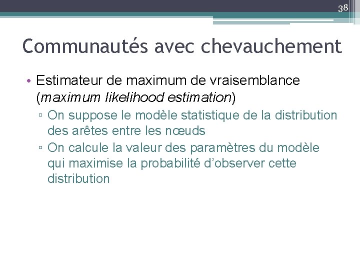 38 Communautés avec chevauchement • Estimateur de maximum de vraisemblance (maximum likelihood estimation) ▫