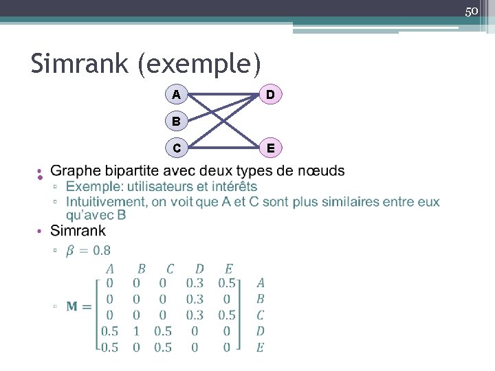 50 Simrank (exemple) A D B C • E 