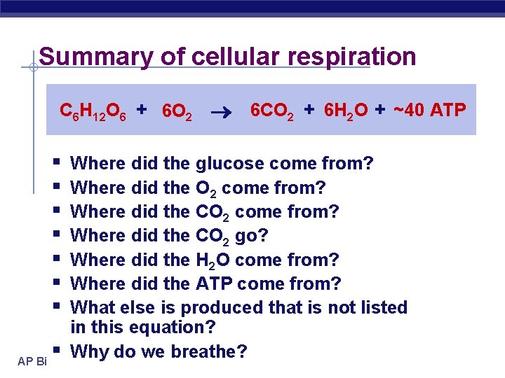 Summary of cellular respiration C 6 H 12 O 6 + 6 O 2