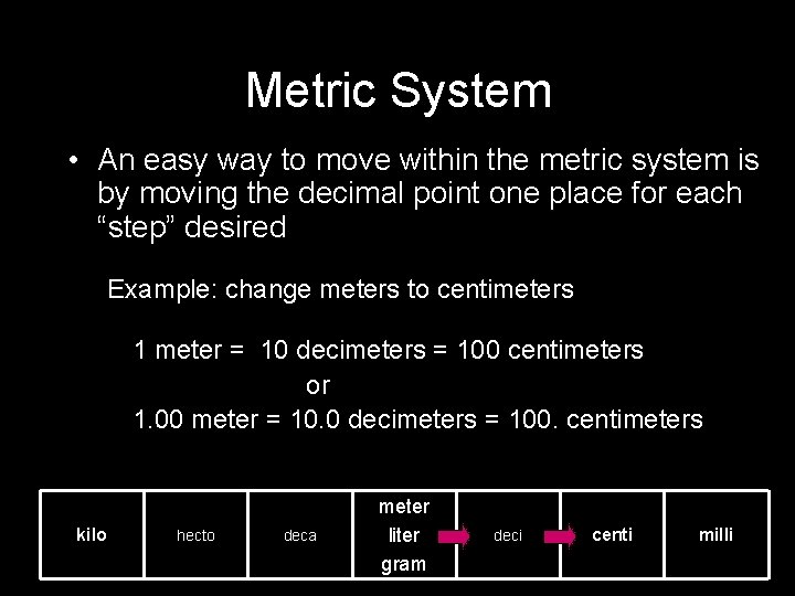 Metric System • An easy way to move within the metric system is by