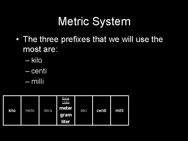 Metric System • The three prefixes that we will use the most are: –