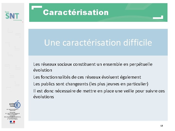 SNT Caractérisation Une caractérisation difficile Les réseaux sociaux constituent un ensemble en perpétuelle évolution