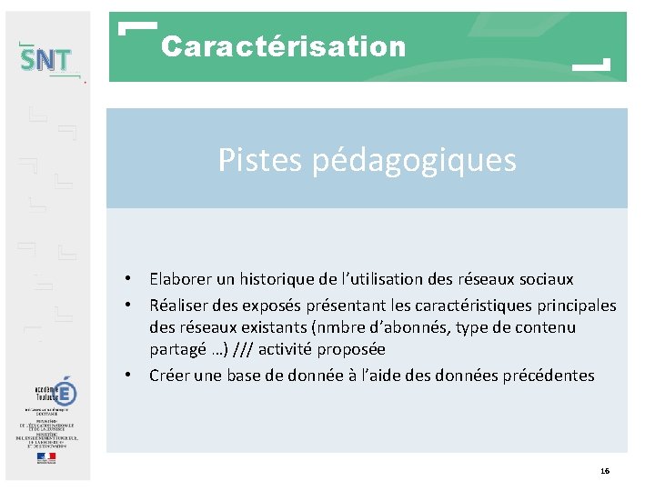 SNT Caractérisation Pistes pédagogiques • Elaborer un historique de l’utilisation des réseaux sociaux •