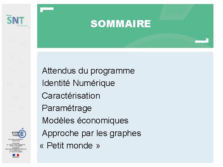 SNT SOMMAIRE Attendus du programme Identité Numérique Caractérisation Paramétrage Modèles économiques Approche par les