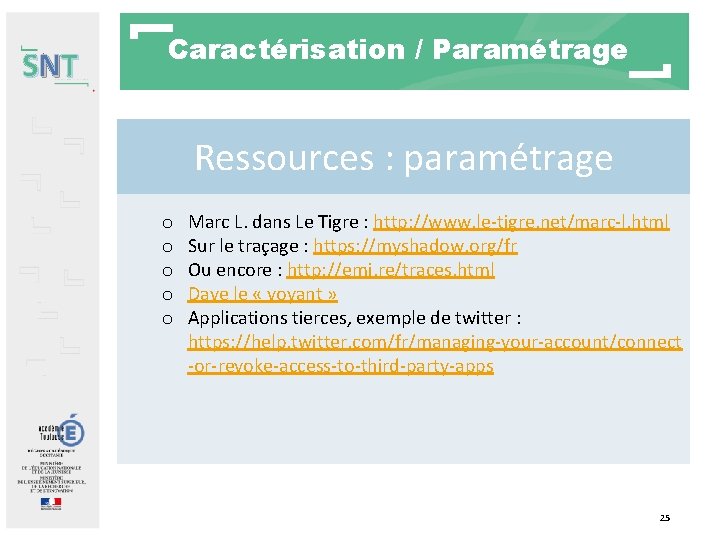 SNT Caractérisation / Paramétrage Ressources : paramétrage o o o Marc L. dans Le