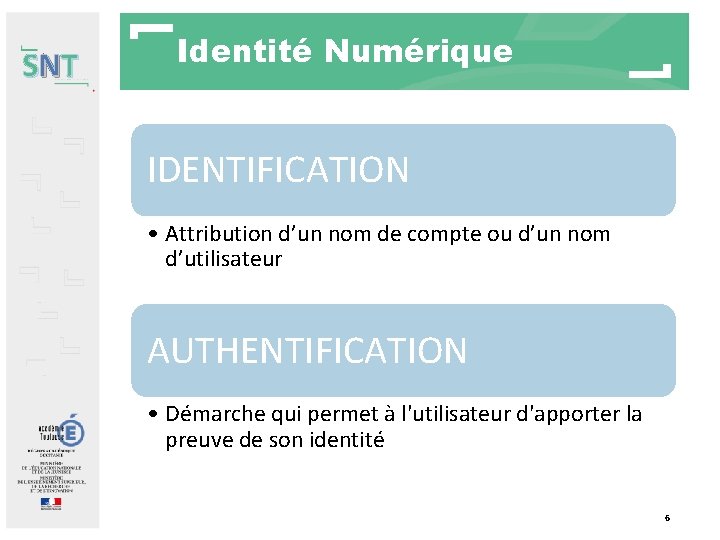 SNT Identité Numérique IDENTIFICATION • Attribution d’un nom de compte ou d’un nom d’utilisateur SNT Identité Numérique IDENTIFICATION • Attribution d’un nom de compte ou d’un nom d’utilisateur