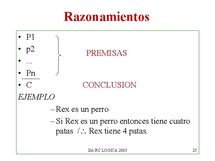 Razonamientos • P 1 • p 2 PREMISAS • . . . • Pn Razonamientos • P 1 • p 2 PREMISAS • . . . • Pn