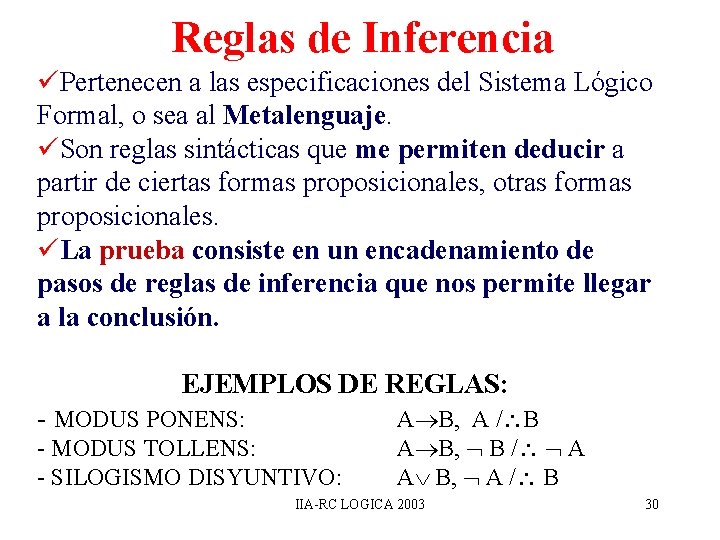 Reglas de Inferencia üPertenecen a las especificaciones del Sistema Lógico Formal, o sea al Reglas de Inferencia üPertenecen a las especificaciones del Sistema Lógico Formal, o sea al