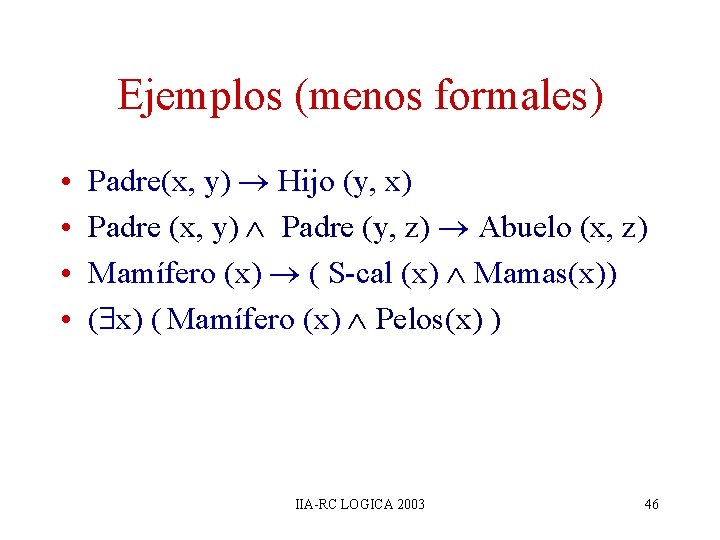 Ejemplos (menos formales) • • Padre(x, y) Hijo (y, x) Padre (x, y) Padre Ejemplos (menos formales) • • Padre(x, y) Hijo (y, x) Padre (x, y) Padre