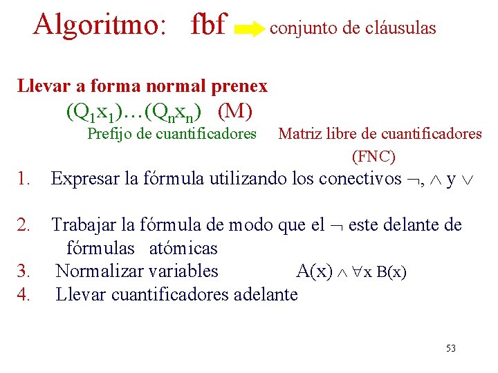 Algoritmo: fbf conjunto de cláusulas Llevar a forma normal prenex (Q 1 x 1)…(Qnxn) Algoritmo: fbf conjunto de cláusulas Llevar a forma normal prenex (Q 1 x 1)…(Qnxn)