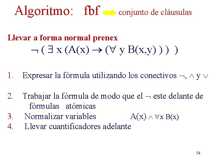 Algoritmo: fbf conjunto de cláusulas Llevar a forma normal prenex ( x (A(x) ( Algoritmo: fbf conjunto de cláusulas Llevar a forma normal prenex ( x (A(x) (