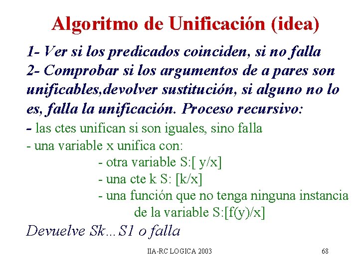 Algoritmo de Unificación (idea) 1 - Ver si los predicados coinciden, si no falla Algoritmo de Unificación (idea) 1 - Ver si los predicados coinciden, si no falla