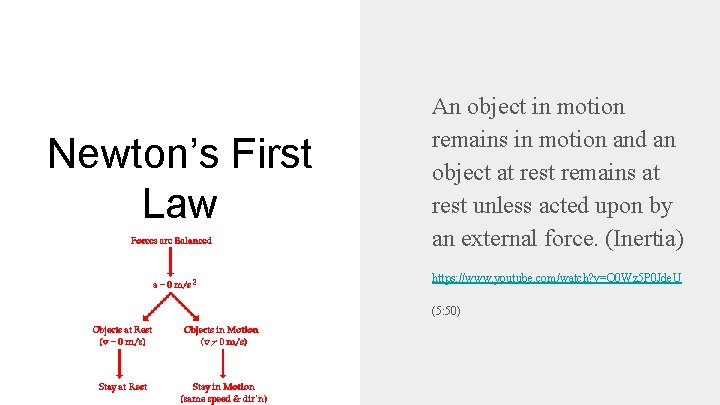 Newton’s First Law An object in motion remains in motion and an object at