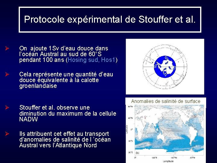 Protocole expérimental de Stouffer et al. Ø On ajoute 1 Sv d’eau douce dans