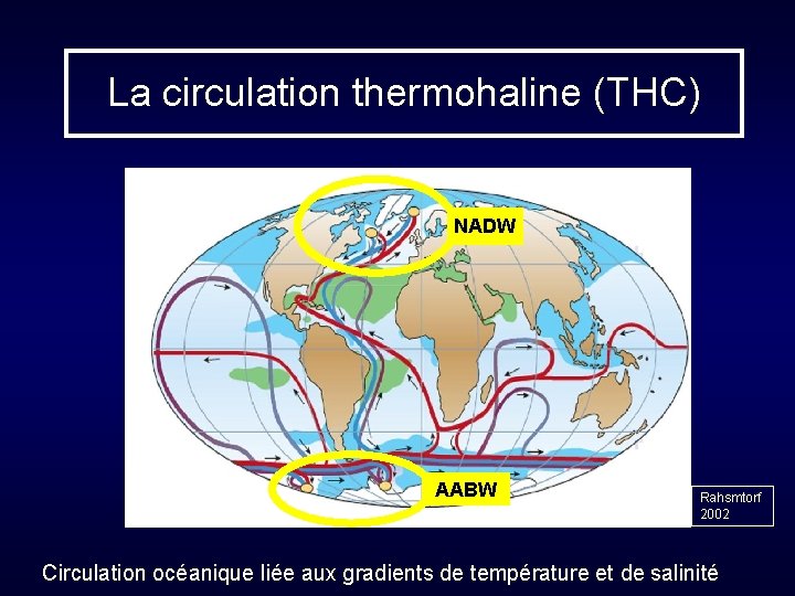 La circulation thermohaline (THC) NADW AABW Rahsmtorf 2002 Circulation océanique liée aux gradients de La circulation thermohaline (THC) NADW AABW Rahsmtorf 2002 Circulation océanique liée aux gradients de