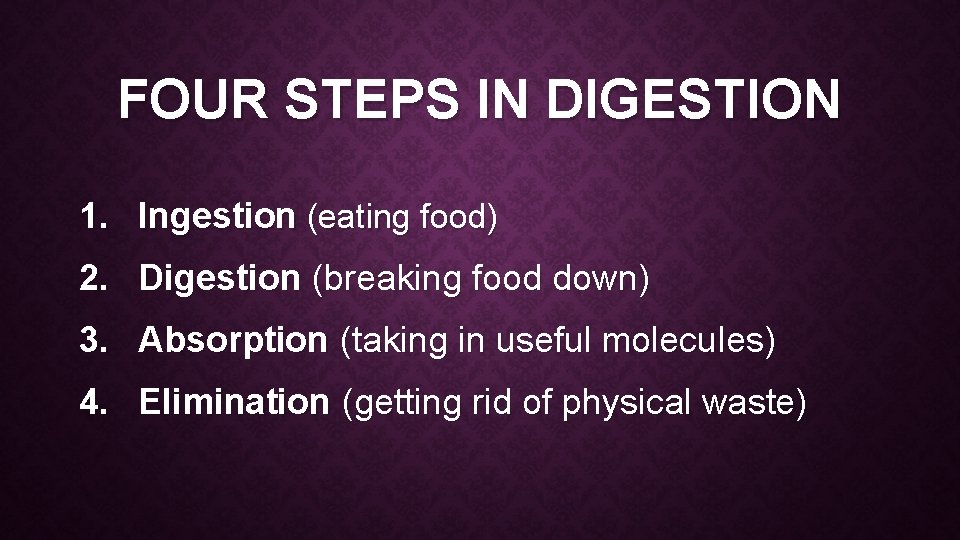 FOUR STEPS IN DIGESTION 1. Ingestion (eating food) 2. Digestion (breaking food down) 3.