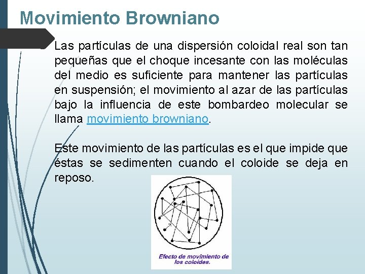 Movimiento Browniano Las partículas de una dispersión coloidal real son tan pequeñas que el