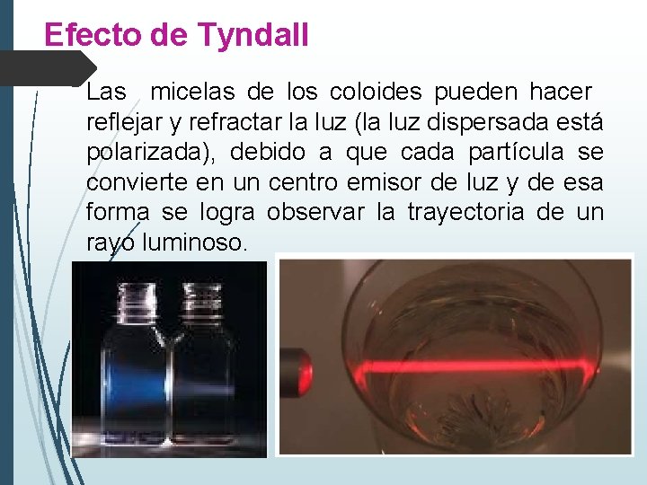Efecto de Tyndall Las micelas de los coloides pueden hacer reflejar y refractar la