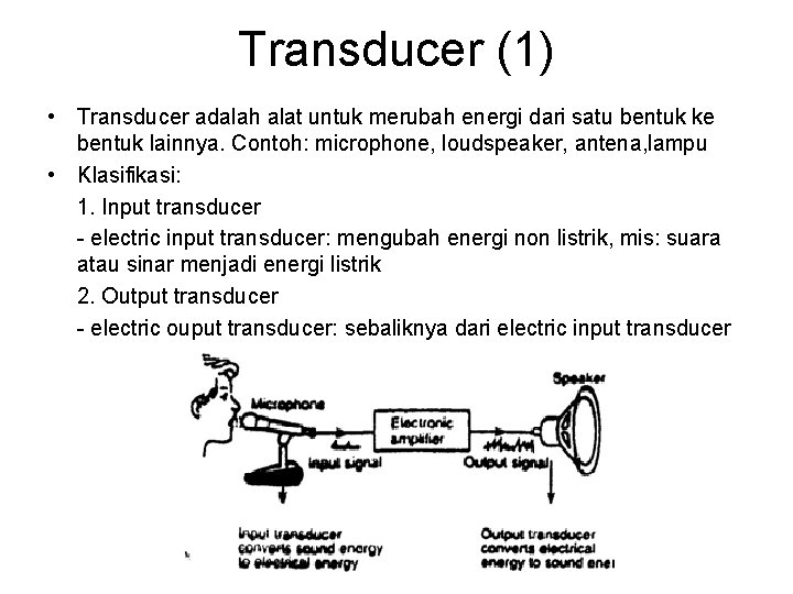 Transducer (1) • Transducer adalah alat untuk merubah energi dari satu bentuk ke bentuk
