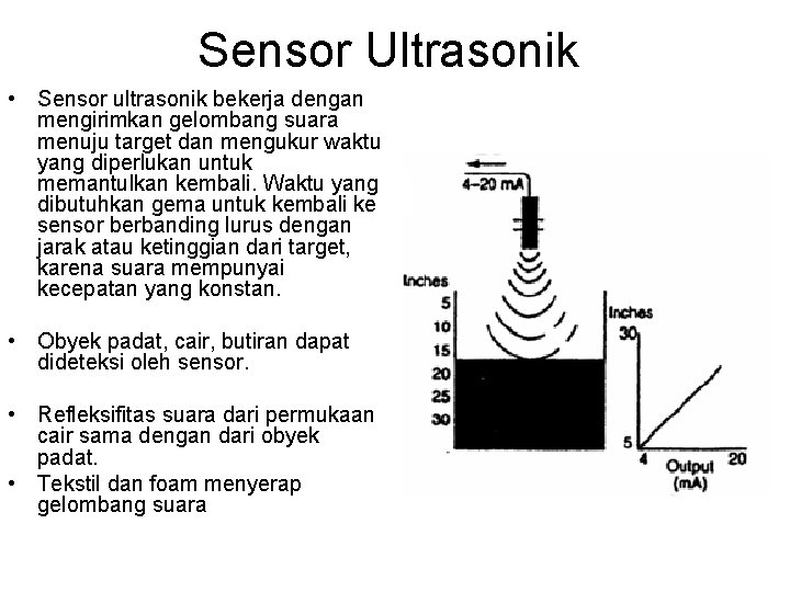 Sensor Ultrasonik • Sensor ultrasonik bekerja dengan mengirimkan gelombang suara menuju target dan mengukur