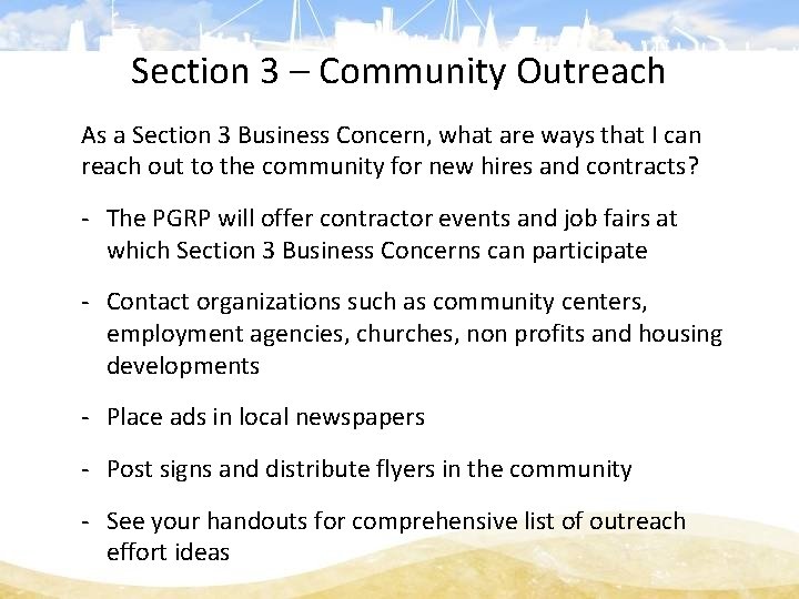 Section 3 – Community Outreach As a Section 3 Business Concern, what are ways